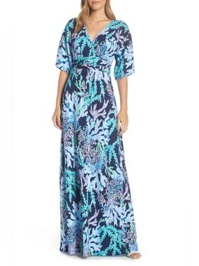 Lilly Pulitzer Maxi Dress M Parigi Swish Sway Deep Indigo Short Kimono Sleeve